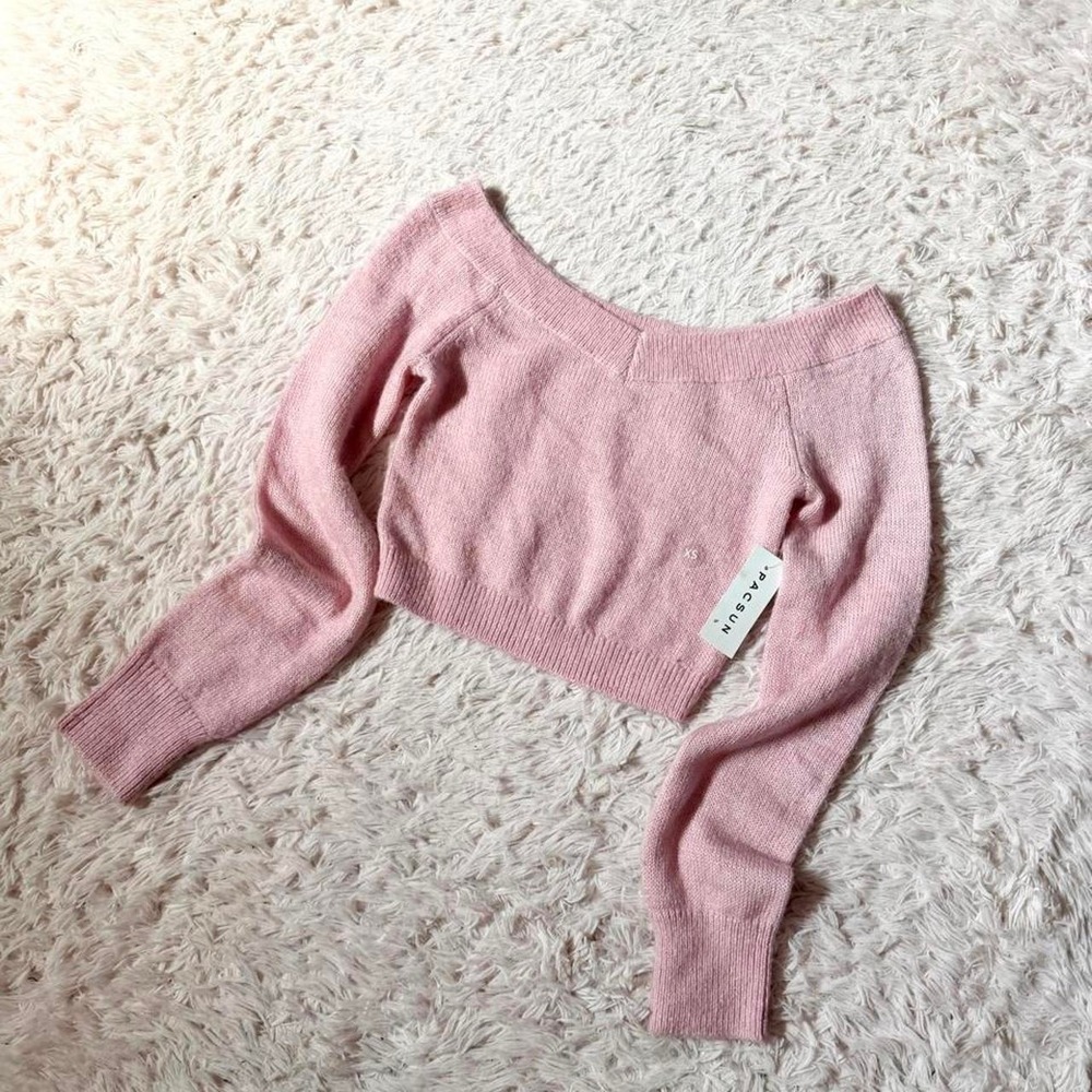 Dainty Baby Pink Coquette Twee Soft Girl Boat Neck Crop Sweater Womens XS Femme